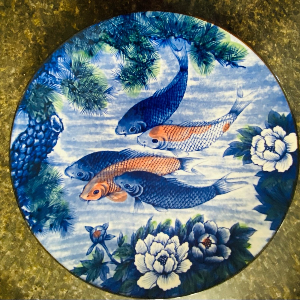 Vintage Painted Ceramic Japanese Koi Serving Bowl With Makers Mark